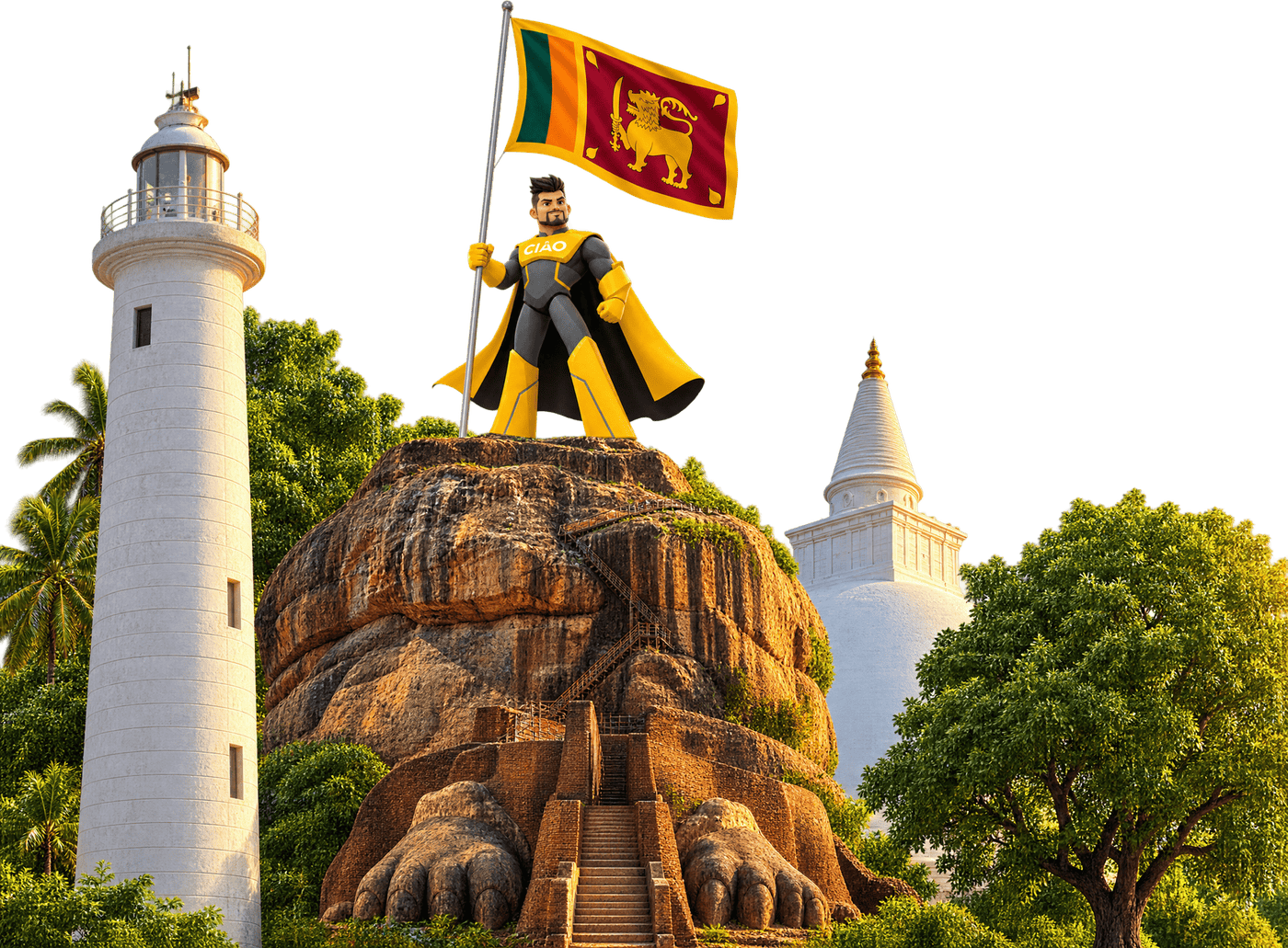 Faro di Galle, Rocca di Sigiriya, uno stupa bianco e Captain CIAO in cima alla rocca con la bandiera dello Sri Lanka