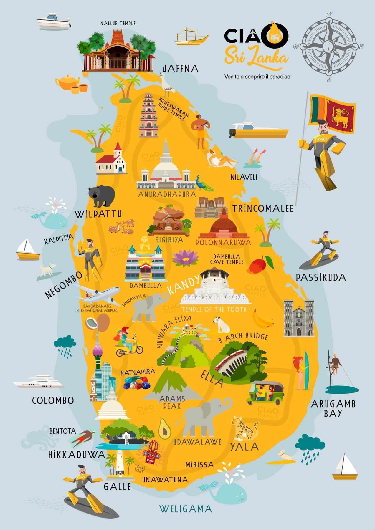 Mappa illustrata CIAO Sri Lanka con i luoghi principali e Captain CIAO